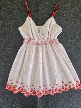 Check It Out Plus Babydoll Cami Top Womens Red White Polka Dot Smocked Eyelet